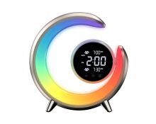 LED bedside lamp, alarm clock Immax PEACOCK with clock, RGB light and USB port, gold